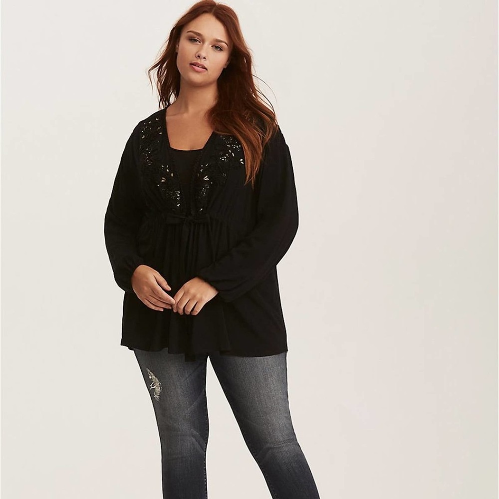 TORRID Embroidered Tie Front Challis Top Black W13